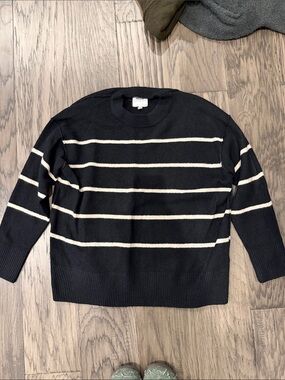 aerie Black Crewneck Sweater with Cream Stripes